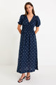Eloquent Navy Polka Dot Flutter Sleeve Maxi Dress