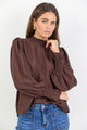 Embrace Chocolate Self Stripe Shirred Neck LS Top