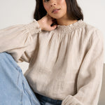 Embrace Natural Linen Shirred Neck LS Top