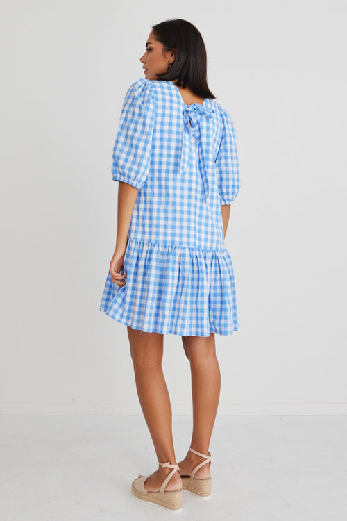 Emelia French Blue Check Drop Waist Smock Mini Dress WW Dress Ivy + Jack   