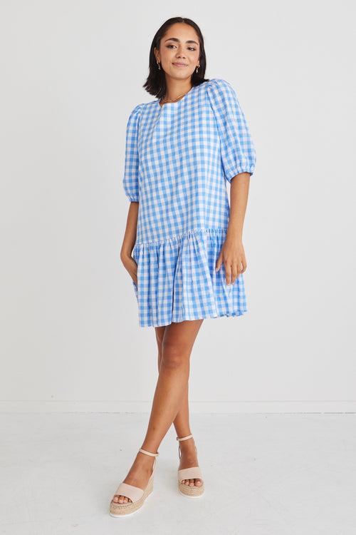 Emelia French Blue Check Drop Waist Smock Mini Dress WW Dress Ivy + Jack   