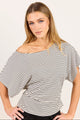 Emphasis Black White Stripe Cotton Gathered Waist Detail Short Sleeve Tee