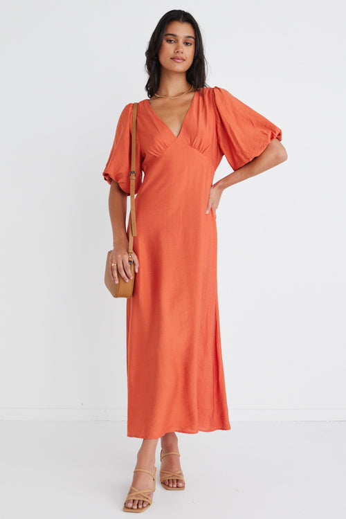 Model wears Orange Puff Sleeve Midi Dress