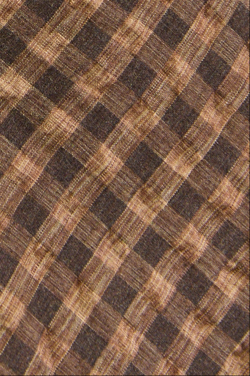 Close-up of a person wearing a brown and black checkered dress with puffed sleeves.