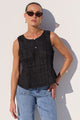 Encourage Black Linen Pintuck Front Boatneck Top