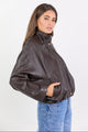 Ensemble Chocolate Faux Leather Funnel Neck Zip Through Jacket