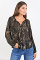Envision Black Polka Dot Georgette Button Front LS Top