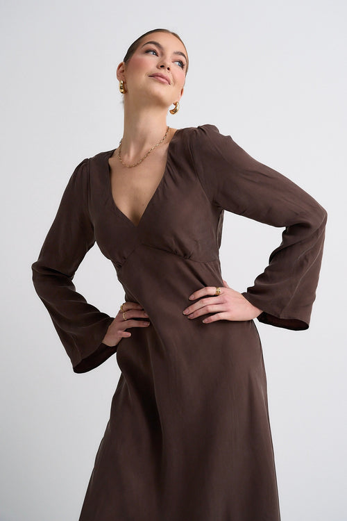 Model wears a brown maxi dress