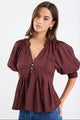 Esteem Chocolate Voile Pleated Short Sleeve Button-Through Top