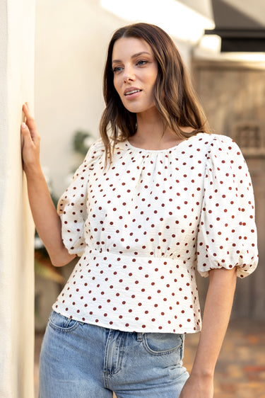 Eventual Ivory Chocolate Polka Dot Mid Sleeve Fit and Flare Top