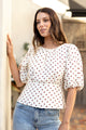 Eventual Ivory Chocolate Polka Dot Mid Sleeve Fit and Flare Top