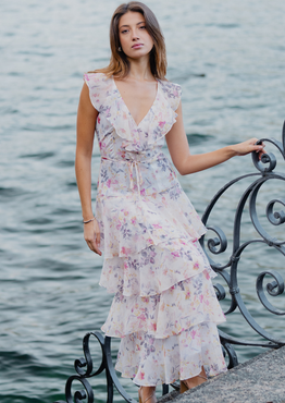 model wears a white floral maxi dress