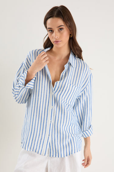 Exalted Blue Stripe Linen Viscose Oversized Shirt