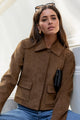 Exhibit Cinnamon Faux Suede Button Front Cropped Jacket