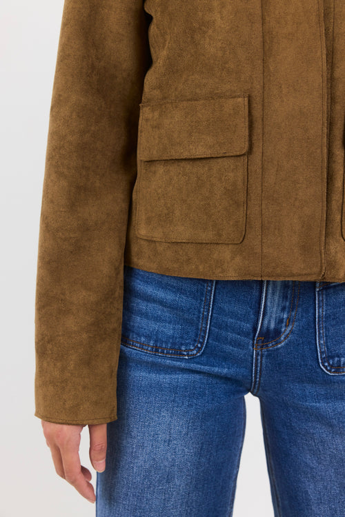 Brown suede jacket and blue jeans on a white background