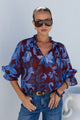 Expedition Burgundy Blue Floral Shirred Neck Short Sleeve Top
