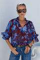 Expedition Burgundy Blue Floral Shirred Neck Short Sleeve Top