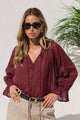 Expedition Burgundy Shirred Neck Short Sleeve Top