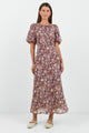 Exquisite Lilac Blush Floral Puff Sleeve Midi Dress