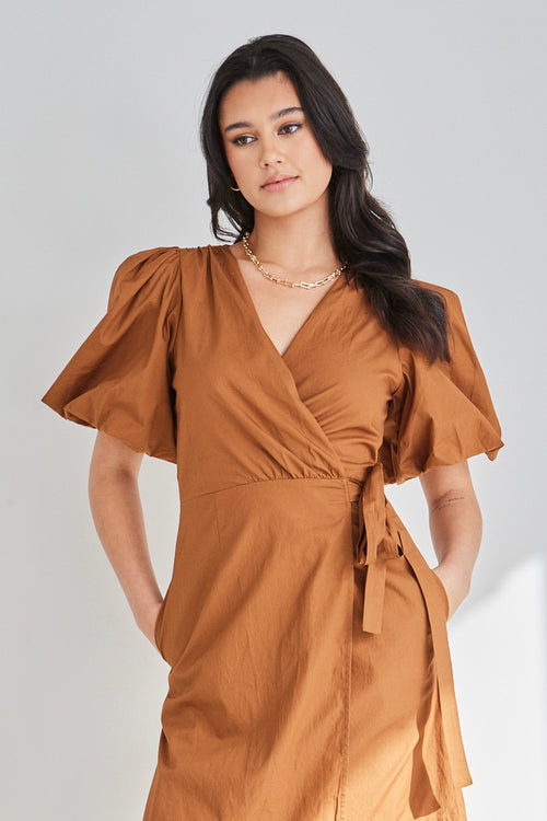 Tyde Toffee Cotton Puff Sleeve Wrap Midi Dress WW Dress Among the Brave   