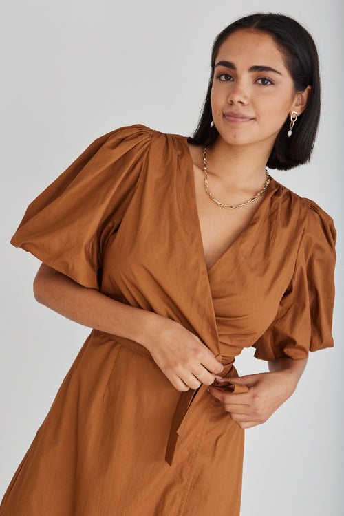 Tyde Toffee Cotton Puff Sleeve Wrap Midi Dress WW Dress Among the Brave   