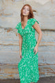 Ovation Green Floral Flutter SS Keyhole Tie Dress