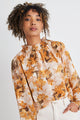 Embrace Pearl Marigold Floral Ls High Neck Shirred Puff Sleeve Top