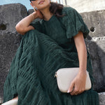 Graceful Forest Bubble Sleeve Tiered Maxi Dress