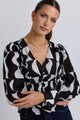 Fabled Black Wave Print Button Front Fitted Long Sleeve Top