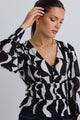 Fabled Black Wave Print Button Front Fitted Long Sleeve Top