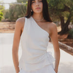 Fairytale White Linen One Shoulder Cutout Top