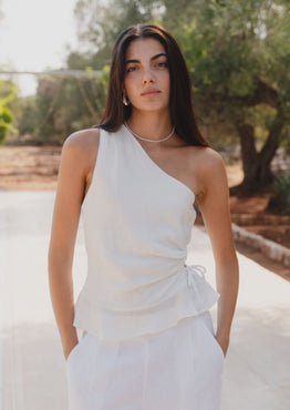 Fairytale White Linen One Shoulder Cutout Top