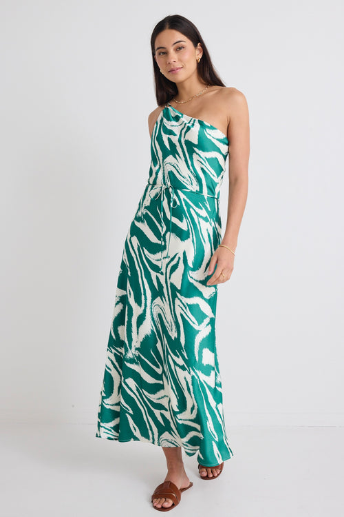 model wears zebra print green satin midi dress