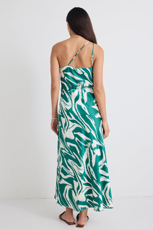 model wears zebra print green satin midi dress