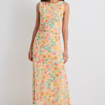 Fast Golden Floral Mesh Boat Neck Sleeveless Maxi Dress