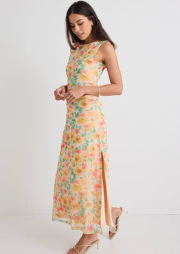 Fast Golden Floral Mesh Boat Neck Sleeveless Maxi Dress