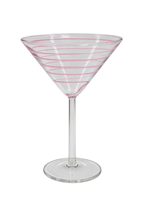 Fiesta Pink Swirl Stripe Martini Glass in clear glass with delicate pink spiral detailing, styled on a white background