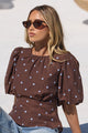 Finali Mocha Blue Polka Dot Short Bubble Sleeve Top