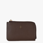 Chocolate brown pebbled vegan leather card holder with multiple card slots and a zippered coin pocket, shown front-facing on a white background.