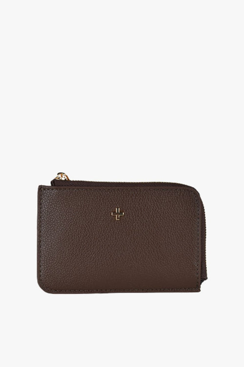 Chocolate brown pebbled vegan leather card holder with multiple card slots and a zippered coin pocket, shown front-facing on a white background.