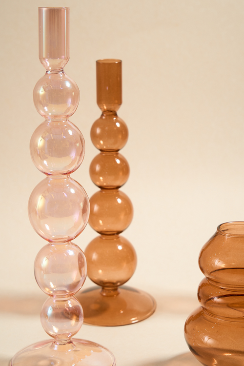 pink and brown glass candle holders