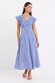 Flawless Blue Gingham Cotton Fluted Sleeve Button Front Midi Dress