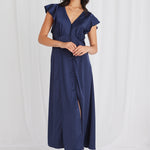 Flawless Navy Satin Flutter Sleeve Button Front Midi Dress WW Dress Among the Brave   