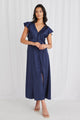 Flawless Navy Satin Flutter Sleeve Button Front Midi Dress