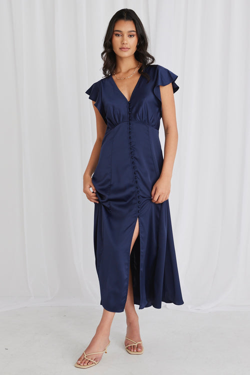 Flawless Navy Satin Flutter Sleeve Button Front Midi Dress WW Dress Among the Brave   