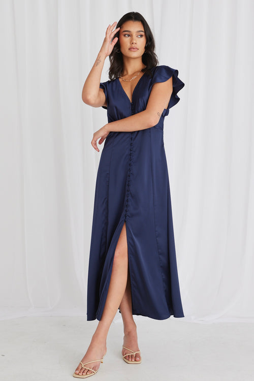 Flawless Navy Satin Flutter Sleeve Button Front Midi Dress WW Dress Among the Brave   