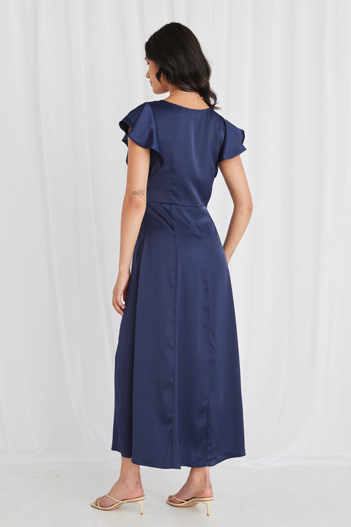 Flawless Navy Satin Flutter Sleeve Button Front Midi Dress WW Dress Among the Brave   