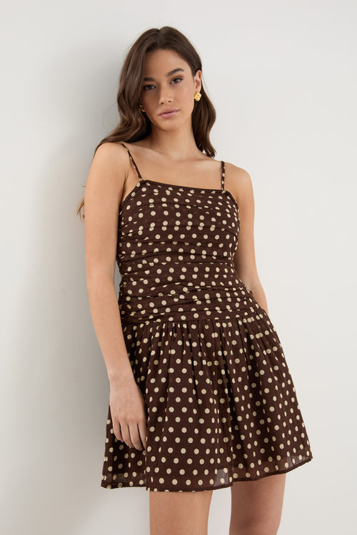 chocolate brown polka dot ruched mini dress
