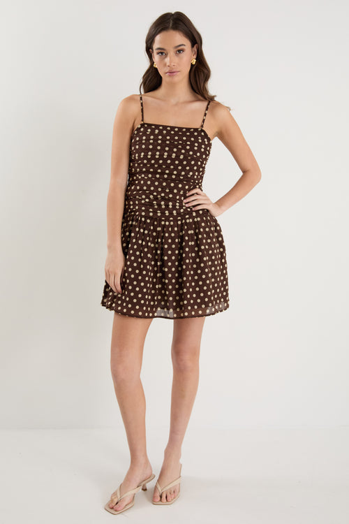 chocolate brown polka dot ruched mini dress