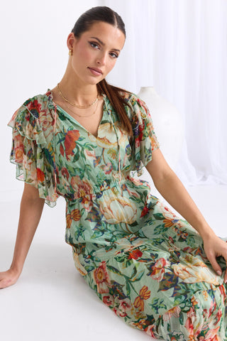 Flutter Green Floral Floaty Sleeve Maxi Dress